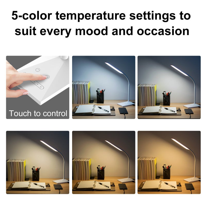 RAOYI LED Desk Lamp, 12W Dimmable Table Lamp Eye-Caring Reading Light with USB Charging Port Touch Control 5 Color Modes 7-Level Brightness Adjustable for Office Home Bedroom (White) - Image 5